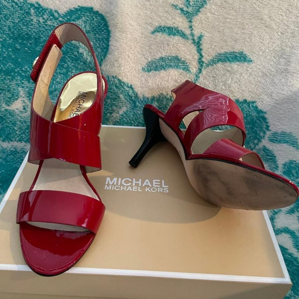 Michael Kors Joselle Patent Leather Red Slingback Open Toe Heels - Picture 2 of 3